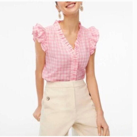 J. Crew Women Top Large Pink Gingham Flutter Sleeve‎ Ruffle Picnic Cottagecore - Picture 1 of 8